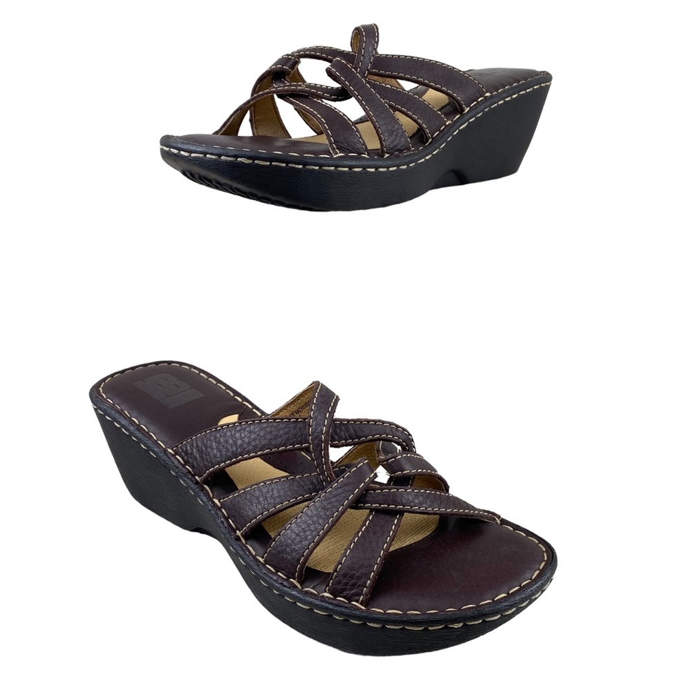 KB & Co "Kathy" Brown Leather Strappy Slip On w/ Wedge Heel- size 9